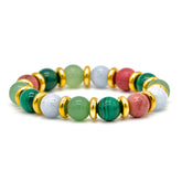Close-up of Natural Stone Bracelet with Rhodochrosite, Malachite, Aventurine, and Aquamarine.